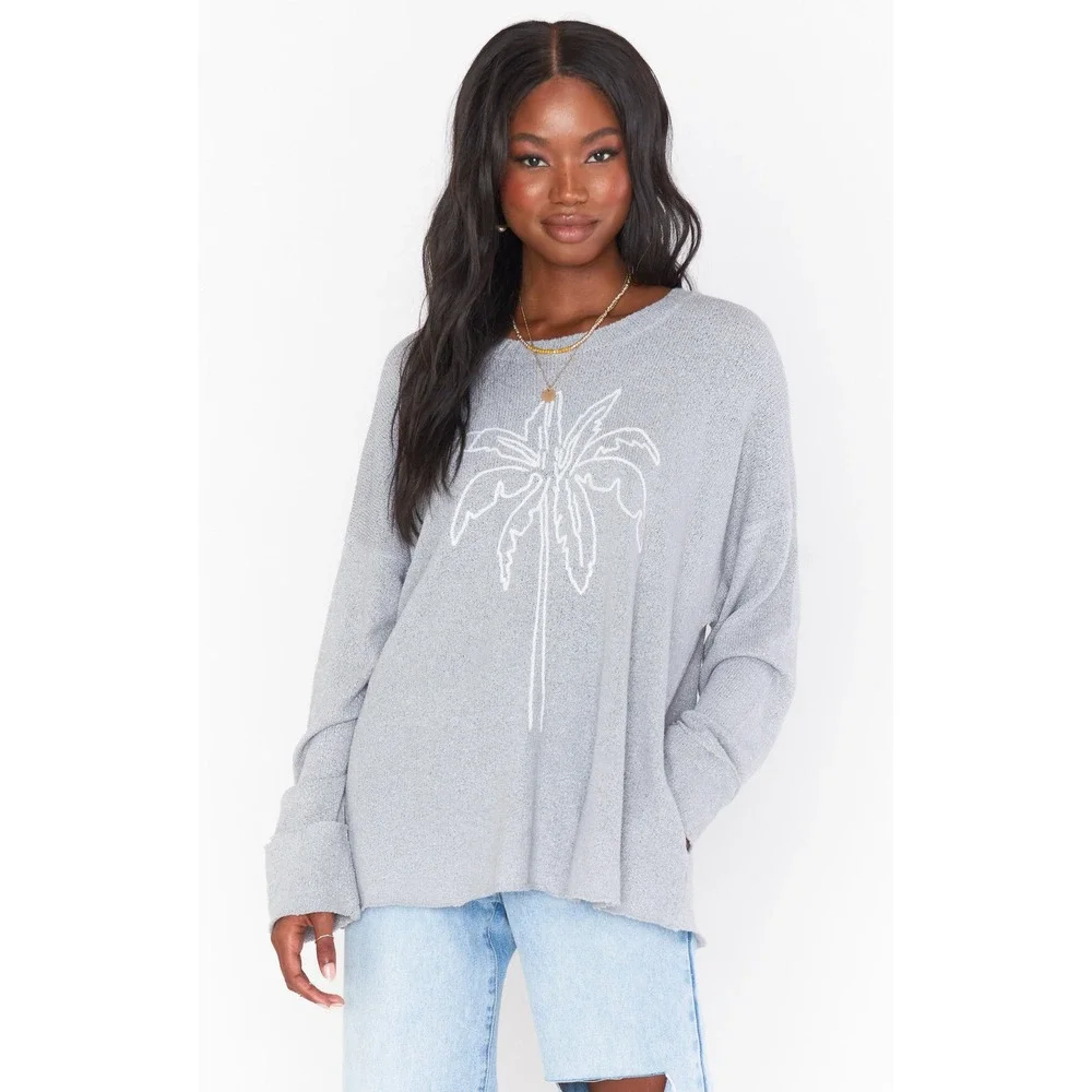 Show Me Your Mumu‎ Sue Cuffed Palm Tree Graphic Knit Gray Pullover Sweater XS